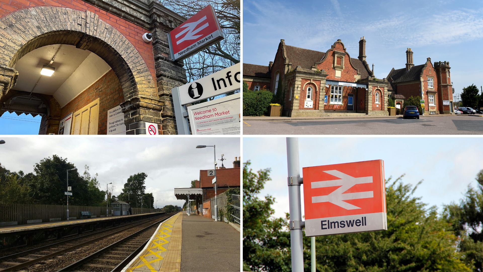 Railway stations at Needham Market, Stowmarket, Thurston and Elmswell.